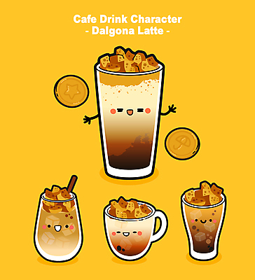 일러스트 잔 사람없음 노란색 손들기 카페 머그컵 달고나 달고나라떼 월간캐릭터 일러캐릭터 AI파일 캐릭터 식기 커피 컬러 모션 컵 상점 파일형식 벡터