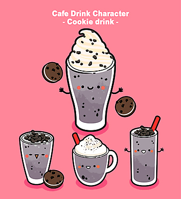 분홍색 일러스트 팔벌리기 잔 빨대 사람없음 쿠키 카페 회색 머그컵 초코칩 월간캐릭터 쿠키앤크림 일러캐릭터 AI파일 캐릭터 식기 컬러 모션 디저트 컵 상점 초콜릿 파일형식 벡터