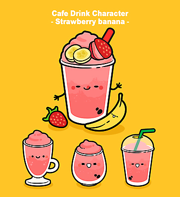 분홍색 일러스트 딸기 잔 바나나 사람없음 노란색 손들기 주스 카페 머그컵 스무디 월간캐릭터 일러캐릭터 AI파일 캐릭터 식기 음료 컬러 과일 모션 컵 상점 파일형식 벡터