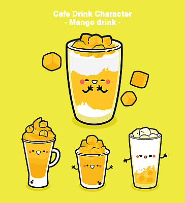 일러스트 잔 사람없음 노란색 손들기 카페 머그컵 망고 손모으기 망고주스 스무디 에이드 월간캐릭터 일러캐릭터 AI파일 캐릭터 식기 음료 컬러 모션 손짓 컵 상점 과일주스 열대과일 파일형식 벡터