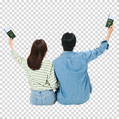 편집이미지 커플 여자 남자 들기 누끼 앉기 상반신 20대 성인 두명 팔짱 한국인 항공권 여권 PNG 성인만 관계 모션 사람 동양인 청년 티켓 파일형식