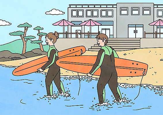 전신 PSD 여자 남자 바다 일러스트 들기 성인 두명 건물 여름 걷기 수상스포츠 파라솔 소나무 서핑보드 서핑 래쉬가드 성인만 국내일러스트 나무 건축물 계절 수영복 스포츠 모션 사람 보드_스포츠 파일형식