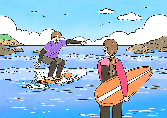 전신 PSD 구름 여자 남자 파도 바다 일러스트 하늘 들기 상반신 성인 두명 여름 바위 수상스포츠 서핑보드 서핑 승차 구경 래쉬가드 성인만 국내일러스트 자연요소 계절 수영복 스포츠 모션 사람 돌_바위 보드_스포츠 파일형식