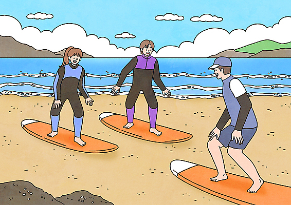 전신 PSD 구름 여자 남자 일러스트 숙이기 서기 미소 성인 해변 세명 여름 학습 강사 수상스포츠 서핑보드 서핑 연습 강습 래쉬가드 성인만 국내일러스트 자연요소 직업 계절 교육 수영복 스포츠 바다 포즈 모션 표정 사람 보드_스포츠 파일형식