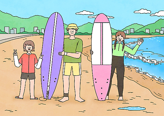 전신 PSD 여자 남자 어린이 바다 일러스트 윙크 서기 소녀 성인 해변 세명 여름 사진촬영 수상스포츠 잡기 서핑보드 서핑 브이 손인사 기념사진 래쉬가드 국내일러스트 계절 수영복 스포츠 모션 표정 사람 손짓 촬영 인사 보드_스포츠 파일형식