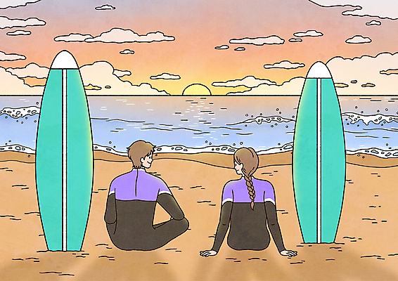 전신 PSD 구름 커플 여자 남자 여유 물결 바다 일러스트 휴식 앉기 성인 해변 두명 여름 마주보기 일몰 수상스포츠 서핑보드 서핑 래쉬가드 성인만 국내일러스트 자연요소 계절 수영복 감정 스포츠 컨셉 관계 모션 사람 노을 보드_스포츠 파일형식