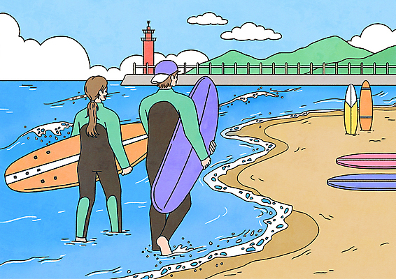 전신 PSD 구름 여자 남자 물결 파도 바다 일러스트 산 등대 들기 성인 두명 여름 걷기 수상스포츠 서핑보드 서핑 래쉬가드 성인만 국내일러스트 자연요소 계절 수영복 스포츠 모션 사람 보드_스포츠 파일형식