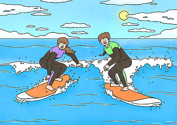 전신 PSD 구름 여자 남자 파도 바다 일러스트 하늘 숙이기 윙크 성인 두명 여름 태양 수상스포츠 서핑보드 서핑 즐거움 래쉬가드 성인만 국내일러스트 자연요소 계절 수영복 감정 스포츠 포즈 표정 사람 보드_스포츠 파일형식