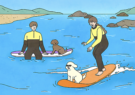 전신 PSD 여자 남자 반려견 물결 바다 두마리 일러스트 서기 앉기 상반신 성인 두명 여름 바위 수상스포츠 서핑보드 서핑 래쉬가드 성인만 국내일러스트 계절 수영복 스포츠 2 모션 사람 반려동물 돌_바위 보드_스포츠 개 파일형식