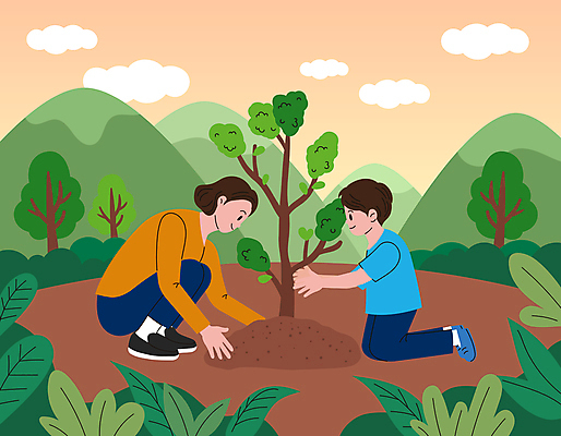 전신 나무 구름 여자 남자 어린이 잎 일러스트 산 앉기 소년 성인 두명 자연보호 무릎꿇기 식목일 환경보전 나무심기 웅크림 묘목 제로웨이스트 국내일러스트 AI파일 모자관계 자연요소 식물 기념일 아들 가족 모션 자연 엄마 사람 그린캠페인 보호 사회이슈 심기 파일형식 벡터