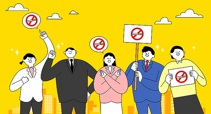 여자 남자 말풍선 일러스트 담배 들기 정장 손짓 여러명 상반신 성인 노란색 손들기 팻말 가리킴 직장인 비즈니스맨 비즈니스우먼 금연 흡연금지 성인만 국내일러스트 AI파일 직업 옷 캠페인 컬러 다수 비즈니스 모션 프레임 사람 금지 사회이슈 파일형식 벡터