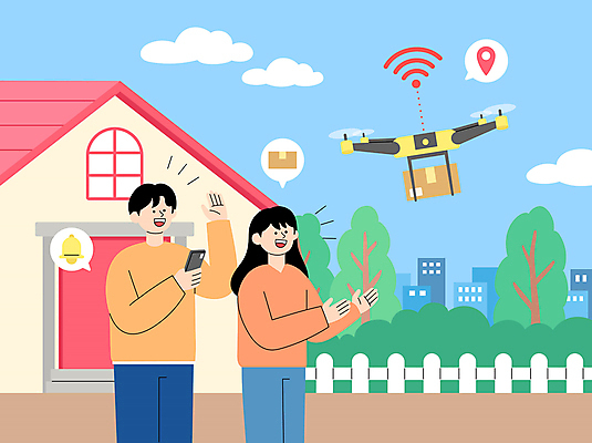 나무 여자 남자 말풍선 일러스트 주택 들기 상반신 성인 두명 건물 스마트폰 울타리 손들기 비행 풀 도착 알림 배송 택배 와이파이 택배상자 드론 성인만 모빌리티 국내일러스트 AI파일 식물 건축물 교통수단 모션 사람 핸드폰 스마트기기 담장 상자 운송업 무선인터넷 파일형식 벡터