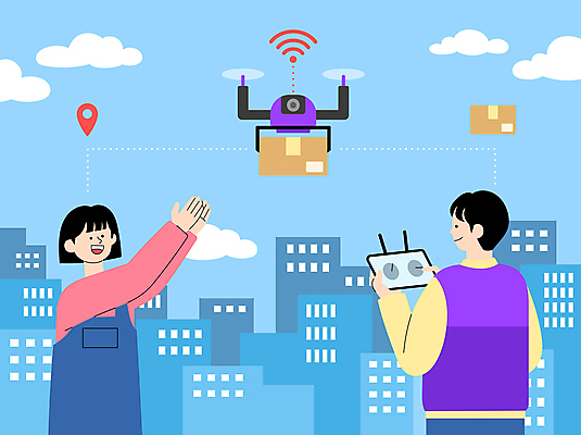 여자 남자 하늘색 일러스트 들기 빌딩 상반신 성인 두명 건물 운전 비행 택배기사 배송 택배 와이파이 택배상자 손뻗기 드론 원격조종 성인만 모빌리티 국내일러스트 AI파일 건축물 교통수단 모션 사람 파란색 상자 운송업 배달원 무선인터넷 파일형식 벡터