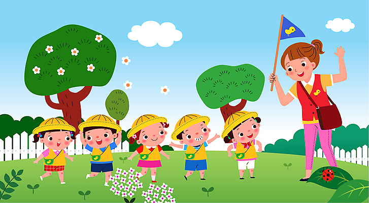 전신 나무 구름 여자 남자 꽃 어린이 일러스트 하늘 나뭇잎 미소 들기 소녀 소년 여러명 성인 야외 울타리 소풍 손들기 걷기 유치원 만세 깃발 무당벌레 유치원복 유치원선생님 국내일러스트 AI파일 자연요소 식물 옷 교육 다수 곤충 잎 모션 표정 사람 담장 야외활동 교사 파일형식 벡터