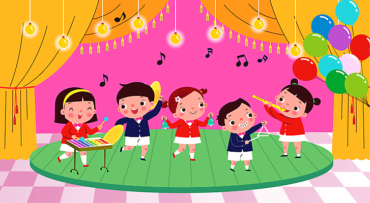 전신 여자 남자 어린이 음악 연주 음표 일러스트 전구 미소 웃음 들기 소녀 소년 여러명 유치원 무대 악단 커튼 트라이앵글 풍선 음악회 실로폰 리코더 심벌즈 합주 핸드벨 어린이만 국내일러스트 AI파일 기호 교육 악기 다수 모션 문화예술 타악기 표정 사람 공연 목관악기 파일형식 벡터