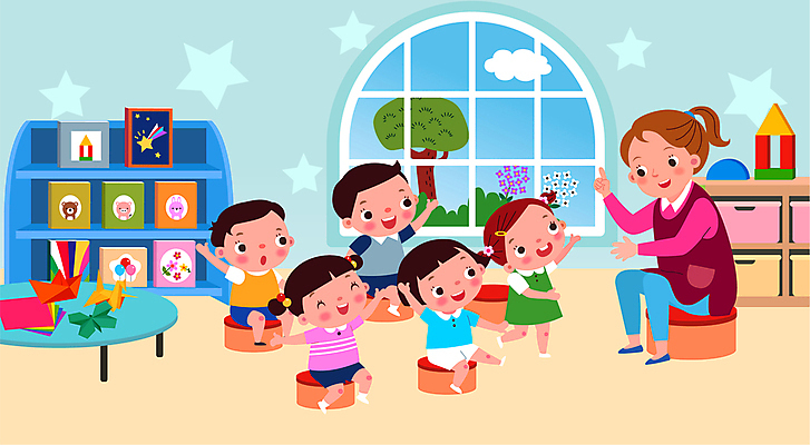 전신 나무 구름 여자 남자 별 어린이 의자 일러스트 창문 팔벌리기 책장 미소 웃음 앉기 소녀 소년 여러명 성인 손들기 유치원 가리킴 발표 서랍장 색종이 유치원선생님 국내일러스트 AI파일 자연요소 식물 교육 종이 가구 다수 모션 표정 사람 손짓 교사 파일형식 벡터