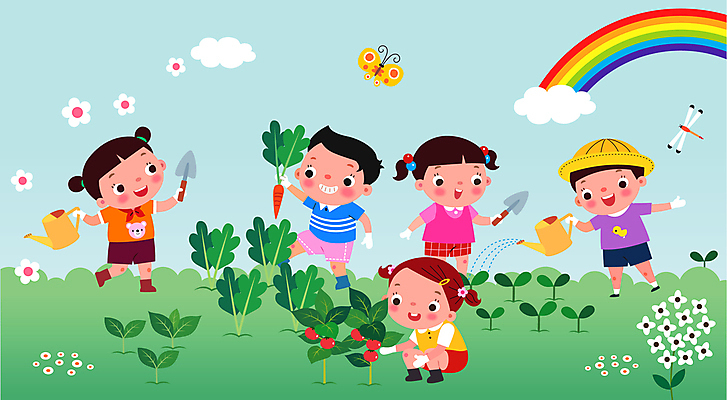 전신 구름 여자 남자 꽃 어린이 나비 무지개 토마토 일러스트 미소 들기 소녀 소년 여러명 새싹 유치원 당근 물뿌리개 잠자리 모종삽 물주기 웅크림 텃밭 어린이만 국내일러스트 AI파일 자연요소 식물 교육 다수 곤충 밭 채소 모션 뿌리채소 표정 사람 삽 파일형식 벡터