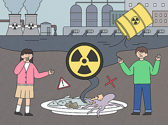 접시 여자 남자 일러스트 공장 경고 성인 두명 손들기 피해 회색 환경오염 오염 연기 해산물 드럼통 원자력 방류 방사능 원자력발전기호 원자력발전소 폐수 폐수방류 성인만 피폭 국내일러스트 AI파일 식기 기호 컬러 컨셉 공업 모션 사람 에너지 파일형식 벡터