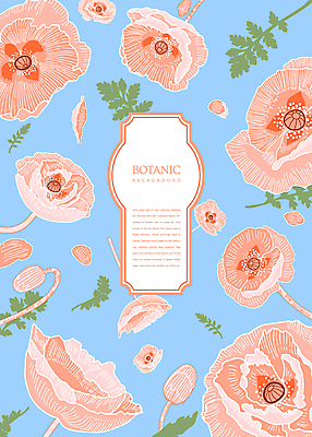 꽃잎 꽃 분홍색 하늘색 백그라운드 일러스트 사람없음 풀잎 양귀비 보테니컬아트 국내일러스트 AI파일 식물 컬러 잎 파란색 풀_식물 파일형식 벡터