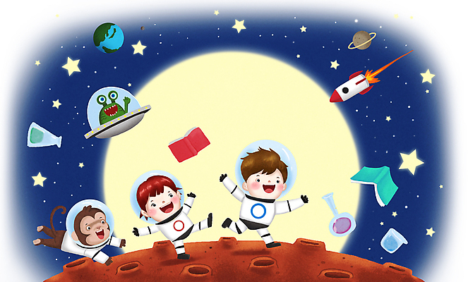 전신 PSD 여자 교육 남자 별 지구 어린이 일러스트 상상 실험기구 소녀 소년 두명 책 파란색 달리기 태양 만세 로켓 우주비행사 외계인 원숭이 우주복 화성 어린이만 국내일러스트 자연요소 옷 컬러 과학 포유류 모션 사람 우주 행성 미확인물체 파일형식