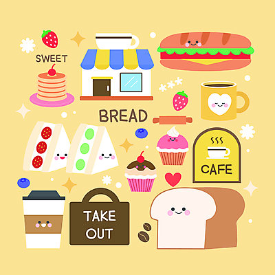 커피 스티커 일러스트 딸기 샌드위치 사람없음 세트 노란색 카페 빵집 머그컵 원두 하트 커피잔 컵케이크 식빵 블루베리 머핀 테이크아웃 팬케이크 반죽밀대 엘리먼트 테이크아웃컵 아기자기 국내일러스트 AI파일 모양 음료 음식 빵 컬러 컨셉 과일 잔 컵 케이크 상점 밀대 파일형식 벡터