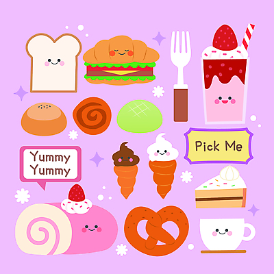 커피 포크 말풍선 스티커 일러스트 샌드위치 사람없음 세트 보라색 조각케이크 커피잔 식빵 롤케이크 단팥빵 메론빵 생크림케이크 소라빵 엘리먼트 브레첼 아기자기 크루아상샌드위치 딸기라떼 국내일러스트 AI파일 식기 음료 음식 빵 컬러 컨셉 디저트 잔 케이크 라떼 파일형식 벡터