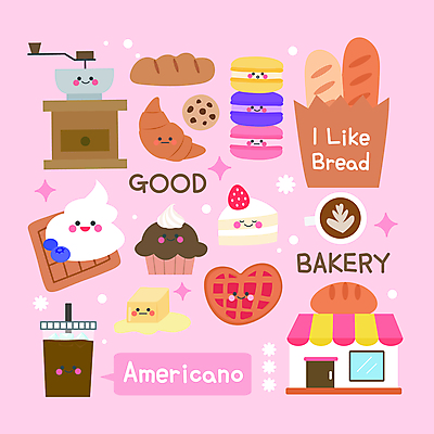분홍색 말풍선 스티커 일러스트 사람없음 세트 쿠키 케이크 카페 빵집 하트 바게트 조각케이크 크루아상 생크림 블루베리 파이 머핀 그라인더 아메리카노 버터 와플 마카롱 엘리먼트 아기자기 국내일러스트 AI파일 모양 커피 빵 컬러 컨셉 과일 디저트 상점 크림 커피용품 파일형식 벡터