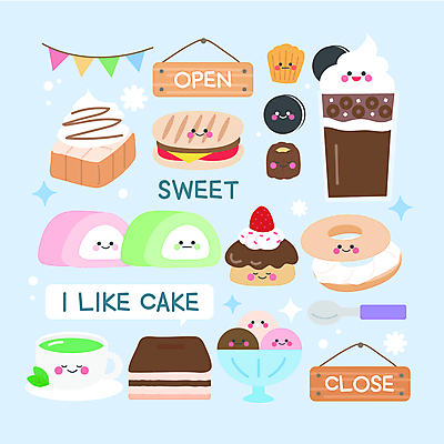 하늘색 말풍선 스티커 일러스트 아이스크림 사람없음 세트 쿠키 숟가락 팻말 녹차 베이글 롤케이크 가랜드 엘리먼트 크림치즈 프라페 허니브레드 티라미수 파니니 아기자기 마들렌 까눌레 쿠키앤크림 국내일러스트 AI파일 음료 빵 컨셉 디저트 치즈 프레임 수저 샌드위치 파란색 차_음료 케이크 파티용품 파일형식 벡터