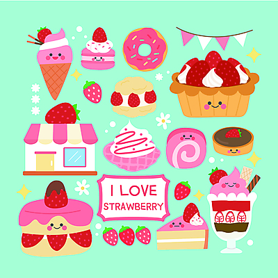 분홍색 하늘색 스티커 일러스트 딸기 사람없음 세트 카페 빵집 도넛 조각케이크 파르페 콘아이스크림 와플 마카롱 롤케이크 가랜드 딸기아이스크림 수플레 슈크림 엘리먼트 타르트 아기자기 국내일러스트 AI파일 빵 컬러 컨셉 과일 아이스크림 디저트 파란색 케이크 상점 크림 파티용품 파이_빵 파일형식 벡터