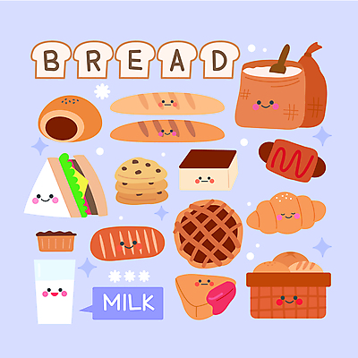 스티커 일러스트 샌드위치 사람없음 세트 쿠키 우유 바게트 크루아상 밀가루 연보라색 단팥빵 스콘 애플파이 엘리먼트 카스테라 타르트 소세지빵 아기자기 소금빵 국내일러스트 AI파일 음식 빵 컨셉 디저트 유제품 보라색 가루 파이_빵 파일형식 벡터