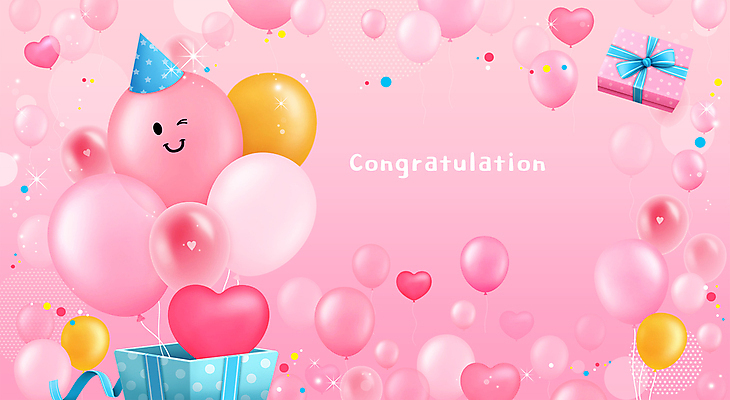 PSD 분홍색 백그라운드 일러스트 프레임 사람없음 선물상자 고깔모자 하트 축하 생일 하트풍선 풍선 국내일러스트 모양 모자_잡화 기념일 컬러 컨셉 선물 상자 파일형식