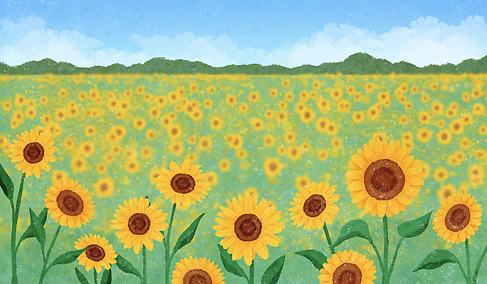 PSD 구름 꽃밭 일러스트 자연 하늘 해바라기 산 풍경 초원 사람없음 노란색 여름풍경 국내일러스트 자연요소 꽃 컬러 생태계 파일형식 여름_계절