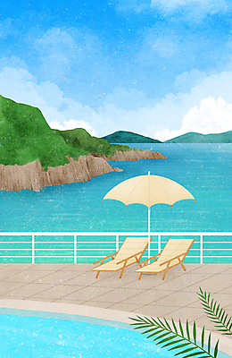 PSD 구름 바다 섬 하늘색 일러스트 자연 하늘 야외수영장 수영장 풍경 사람없음 울타리 여름풍경 파라솔 풀잎 선베드 국내일러스트 자연요소 잎 의자 파란색 담장 풀_식물 생태계 파일형식 여름_계절