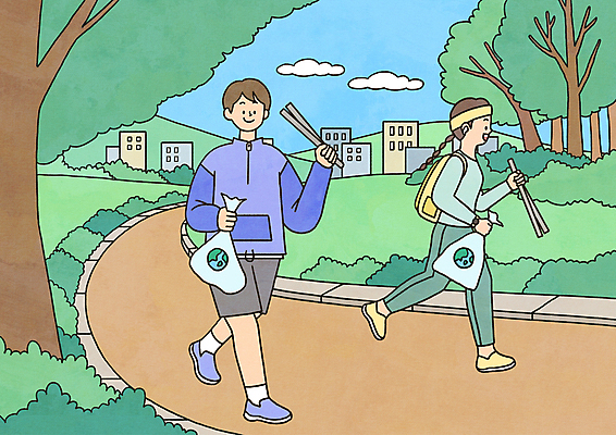 전신 PSD 나무 여자 남자 일러스트 집게 들기 성인 두명 건물 달리기 걷기 자연보호 그린캠페인 산책 산책로 모임 풀 쓰레기봉투 친목 동호회 성인만 MZ세대 플로깅 국내일러스트 식물 건축물 길 캠페인 모션 자연 휴식 봉투 사람 보호 세대 파일형식