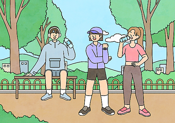 전신 PSD 나무 여자 남자 벤치 일러스트 휴식 서기 앉기 성인 건물 세명 울타리 운동복 스트레칭 모임 풀 물병 친목 동호회 물마시기 성인만 MZ세대 국내일러스트 식물 건축물 옷 컨셉 의자 모션 사람 담장 운동 마시기 물통 세대 파일형식