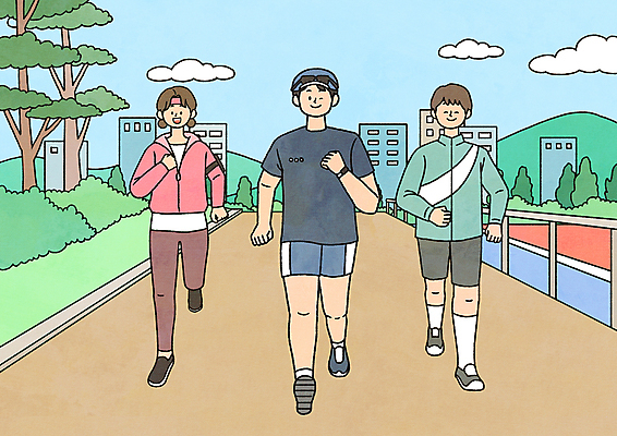 전신 PSD 나무 구름 여자 남자 일러스트 윙크 성인 건물 세명 운동복 달리기 조깅 산책 모임 풀 친목 동호회 성인만 MZ세대 국내일러스트 자연요소 식물 건축물 옷 모션 휴식 표정 사람 운동 세대 파일형식