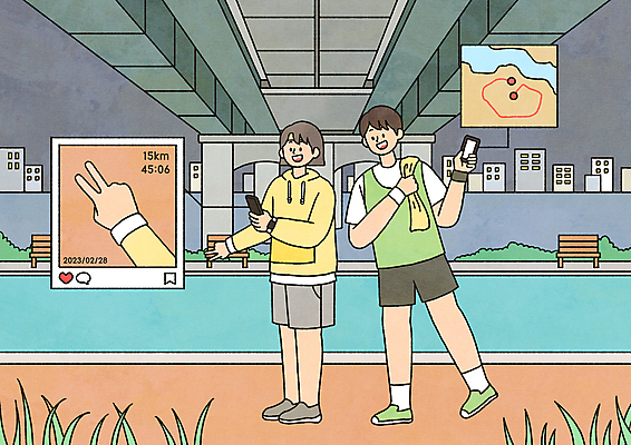 전신 PSD 여자 남자 벤치 일러스트 서기 들기 성인 두명 건물 스마트폰 운동복 강 운동 사진촬영 풀잎 브이 위치 친목 다리밑 동호회 소셜네트워크 업로드 인증 성인만 인증샷 MZ세대 국내일러스트 건축물 옷 컨셉 잎 의자 모션 건강 사람 손짓 핸드폰 스마트기기 촬영 다리_건축물 풀_식물 아래 세대 합성어 파일형식