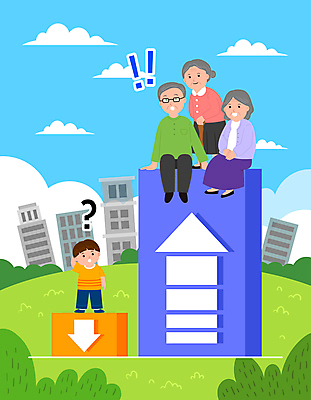 전신 구름 여자 할아버지 노년 남자 화살표 할머니 어린이 일러스트 지팡이 서기 앉기 소년 여러명 건물 마주보기 놀람 잡기 풀 고령화 저출산 국내일러스트 AI파일 자연요소 식물 건축물 감정 다수 모션 표정 사람 성인 사회이슈 파일형식 벡터