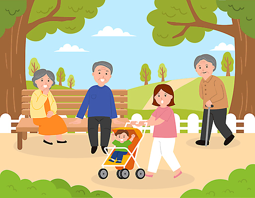 전신 나무 구름 공원 여자 노년 남자 벤치 일러스트 가족 지팡이 엄마 앉기 여러명 성인 울타리 걷기 산책 아기 밀기 유모차 고령화 저출산 국내일러스트 AI파일 자연요소 식물 공공시설 다수 의자 관계 모션 휴식 사람 담장 아기용품 사회이슈 파일형식 벡터