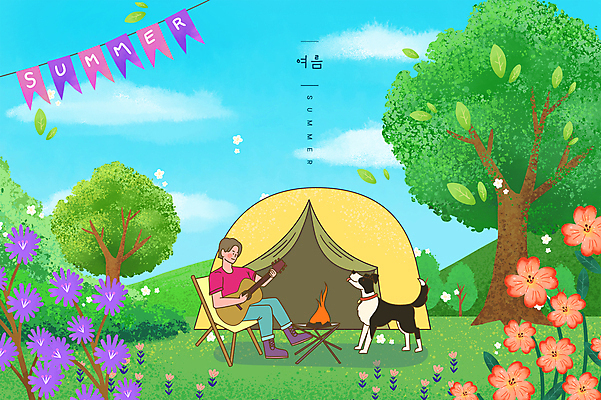 전신 PSD 나무 남자 꽃 여유 잎 연주 일러스트 하늘 텐트 한명 앉기 성인 여름 여름풍경 캠핑 기타 강아지 모닥불 보더콜리 가랜드 성인남자한명만 국내일러스트 식물 1 계절 감정 음악 모션 불 현악기 레저 캠핑도구 사람 풍경 반려동물 개 파티용품 콜리 남자한명만 성인남자만 파일형식 여름_계절