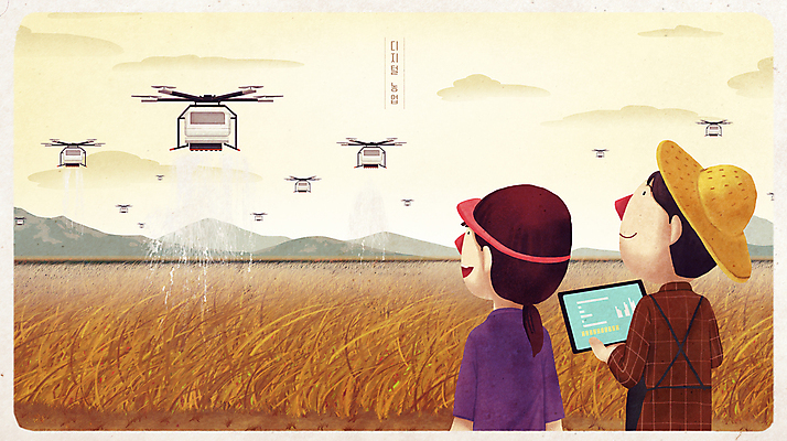PSD 구름 여자 남자 일러스트 산 들기 상반신 성인 두명 태블릿 디지털 농사 벼 농촌 농부 뿌리기 편리함 분사 거름 농약 농약치기 드론 자동화 성인만 스마트팜 국내일러스트 자연요소 직업 컨셉 농업 모션 곡류 사람 전자제품 스마트기기 농장 시골 파일형식