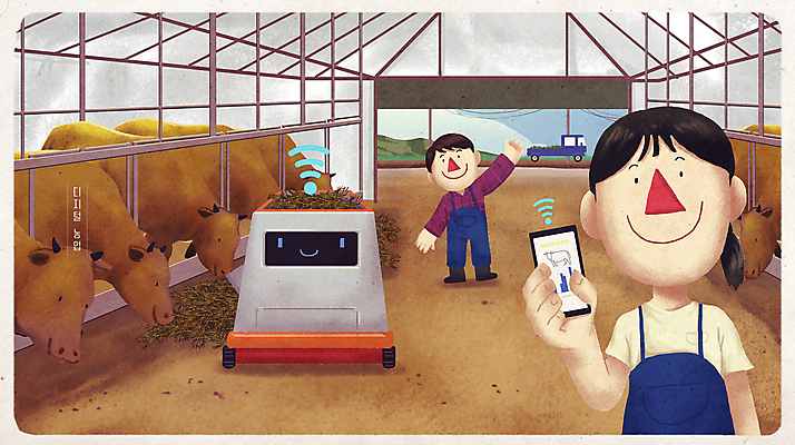 전신 PSD 부부 여자 남자 여러마리 일러스트 서기 들기 상반신 성인 두명 스마트폰 디지털 기계 소 축산업 농부 먹이 축사 로봇 손인사 편리함 원격조종 자동화 성인만 스마트팜 국내일러스트 직업 건축물 커플 산업 다수 컨셉 포유류 모션 사람 핸드폰 스마트기기 농장 인사 파일형식