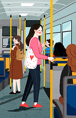 전신 PSD 여자 남자 일러스트 버스 대중교통 서기 앉기 여러명 성인 잡기 승차 승객 차안 에코백 성인만 국내일러스트 육상교통 교통수단 다수 가방 모션 사람 에코 파일형식