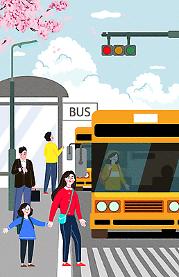 전신 PSD 구름 여자 남자 어린이 일러스트 버스 대중교통 꽃나무 소녀 여러명 상반신 성인 손잡기 올려보기 기다림 횡단보도 버스정류장 승차 신호등 길건너기 시계보기 국내일러스트 자연요소 나무 꽃 육상교통 교통수단 다수 모션 사람 보행로 역 건너기 파일형식