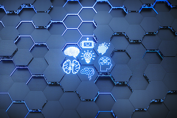 PSD 편집이미지 백그라운드 전구 사람없음 파란색 반짝임 3D 디지털 플러그 사이버 로봇 얼굴모양 디지털합성 뇌 전자 육각형 전구모양 AI_인공지능 이미지편집 편집3D 모양 도형 얼굴 컬러 모션 파일형식