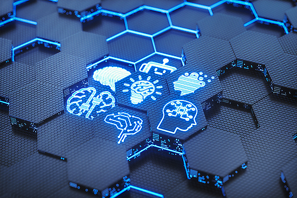 PSD 편집이미지 백그라운드 전구 사람없음 파란색 반짝임 3D 디지털 사이버 로봇 얼굴모양 디지털합성 뇌 전자 육각형 전구모양 AI_인공지능 이미지편집 편집3D 모양 도형 얼굴 컬러 모션 파일형식