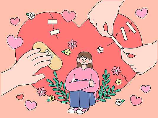 전신 손 여자 꽃 분홍색 일러스트 사랑 한명 앉기 성인 신체부위 치료 하트 마음 반창고 풀잎 균열 상처 테이프 클리닉 웅크림 붙이기 치유 성인여자한명만 정신건강 마음건강 국내일러스트 AI파일 모양 식물 1 감정 컬러 잎 의학 모션 문구용품 건강 사람 의료용품 풀_식물 여자한명만 성인여자만 파일형식 벡터