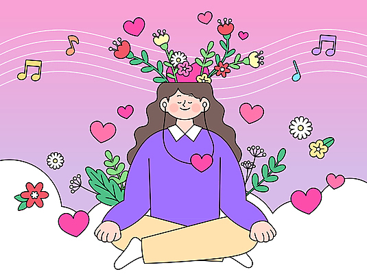 전신 여자 꽃 음악 이어폰 음표 일러스트 사랑 한명 성인 보라색 하트 마음 편안함 명상 가부좌 클리닉 치유 성인여자한명만 정신건강 마음건강 국내일러스트 AI파일 모양 식물 1 기호 감정 컬러 음향기기 문화예술 건강 사람 앉기 감각 여자한명만 성인여자만 파일형식 벡터