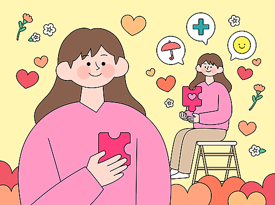 전신 여자 꽃 행복 말풍선 일러스트 우산 사다리 사랑 미소 웃음 들기 앉기 상반신 성인 두명 치료 하트 마음 퍼즐조각 클리닉 치유 성인여자만 마음건강 국내일러스트 AI파일 모양 식물 감정 조각 의학 모션 표정 사람 도구 퍼즐 여자만 성인만 파일형식 벡터