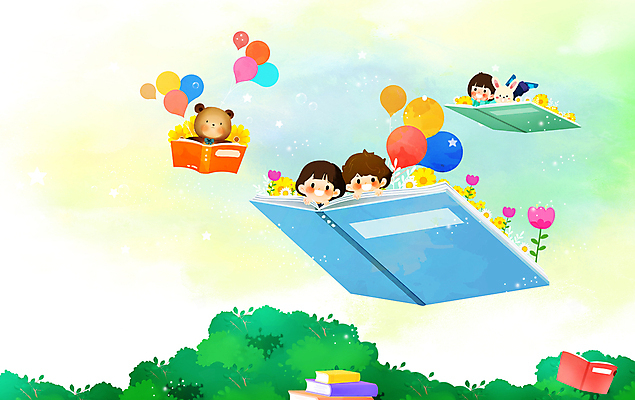 PSD 나무 여자 남자 꽃 어린이 일러스트 곰 소녀 소년 상반신 책 세명 곰인형 비행 승차 숲 토끼캐릭터 풍선 어린이만 국내일러스트 식물 동물 인형 동물캐릭터 포유류 모션 사람 토끼 파일형식